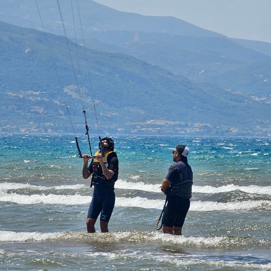 Kite surfing student is learning kite control in Nafpaktos, Greece. WindCircus. 