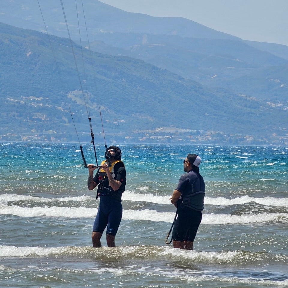 Kite surfing student is learning kite control in Nafpaktos, Greece. WindCircus. 