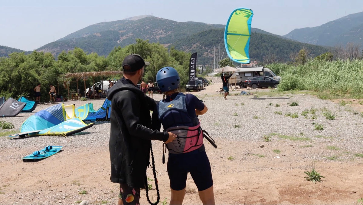 Student learns how to launch a kite in Nafpaktos, Greece WindCircus. 